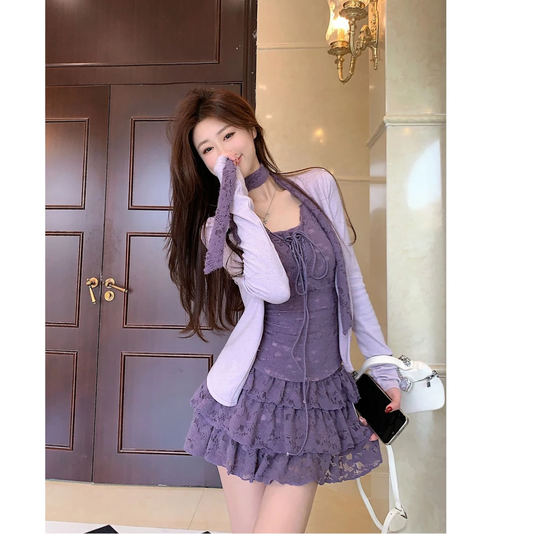 紫色妹妹 纯欲风套装辣妹假两件长袖针织开衫女高腰半身裙套装