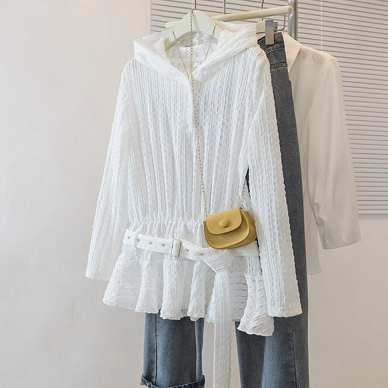 白色蕾丝镂空连帽防晒长袖衬衫女夏季设计感小个子宽松荷叶边上衣