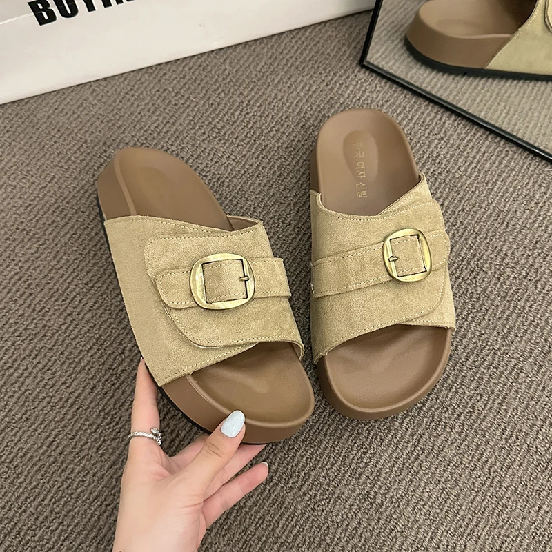 达芙妮集团鞋柜中跟2025夏季圆头复古厚底一字拖凉鞋外穿平底女士