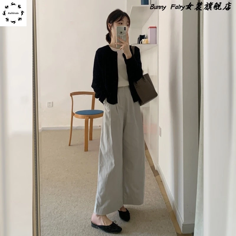 初夏新款女装韩风chic盐系轻熟小香风黑色开衫灰色裤子两件套装女