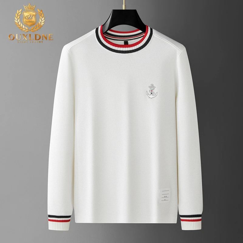 OUXLDNE男士圆领卫衣秋季新款华夫格透气棉质t恤长袖休闲百搭上衣