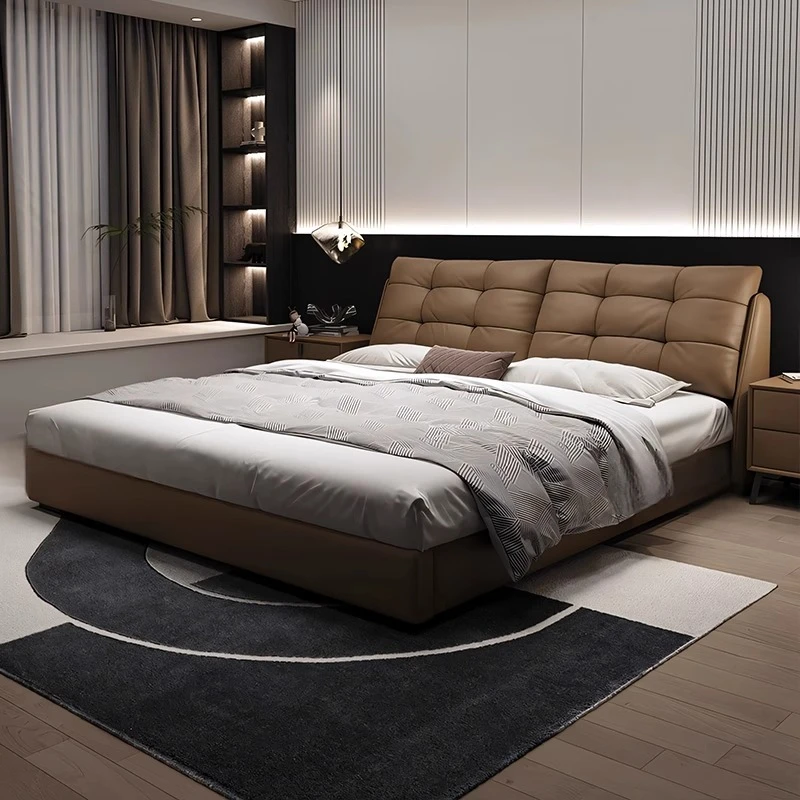 意式极简真皮床主卧双人床简约现代小户型网红棉花糖齐边软包床