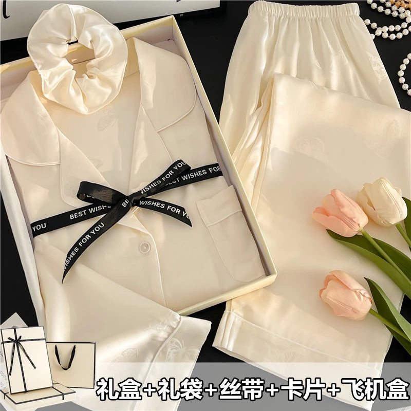 睡衣女春秋夏季冰丝短袖长裤三件套2025新款送闺蜜女友礼盒家居服