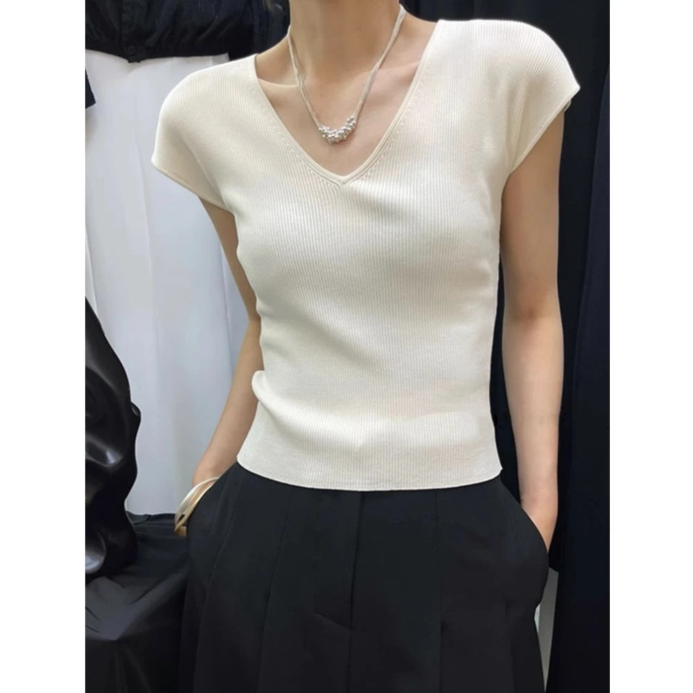 韩系显瘦正肩v领短袖t恤女内搭夏季薄款修身冰丝针织衫露锁骨上衣