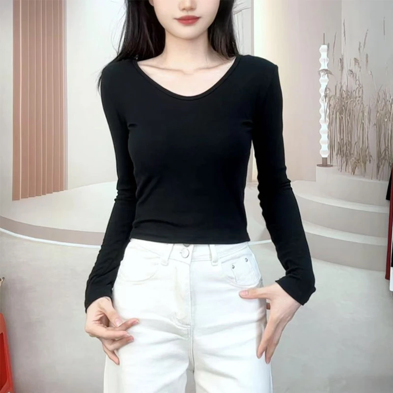 时尚气质短款女垫肩V领圆领两面可穿修身弹力不紧身打底上衣