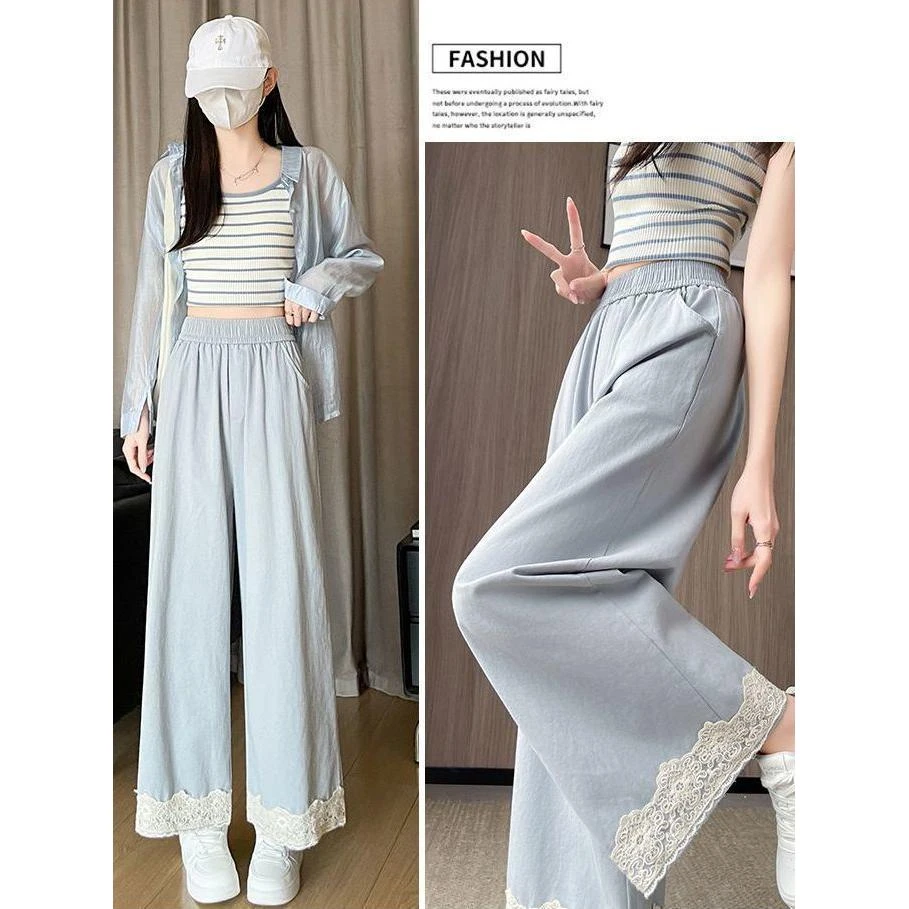蕾丝花边阔腿裤女夏薄款2025新款高腰垂感显瘦宽松冰丝休闲九分裤