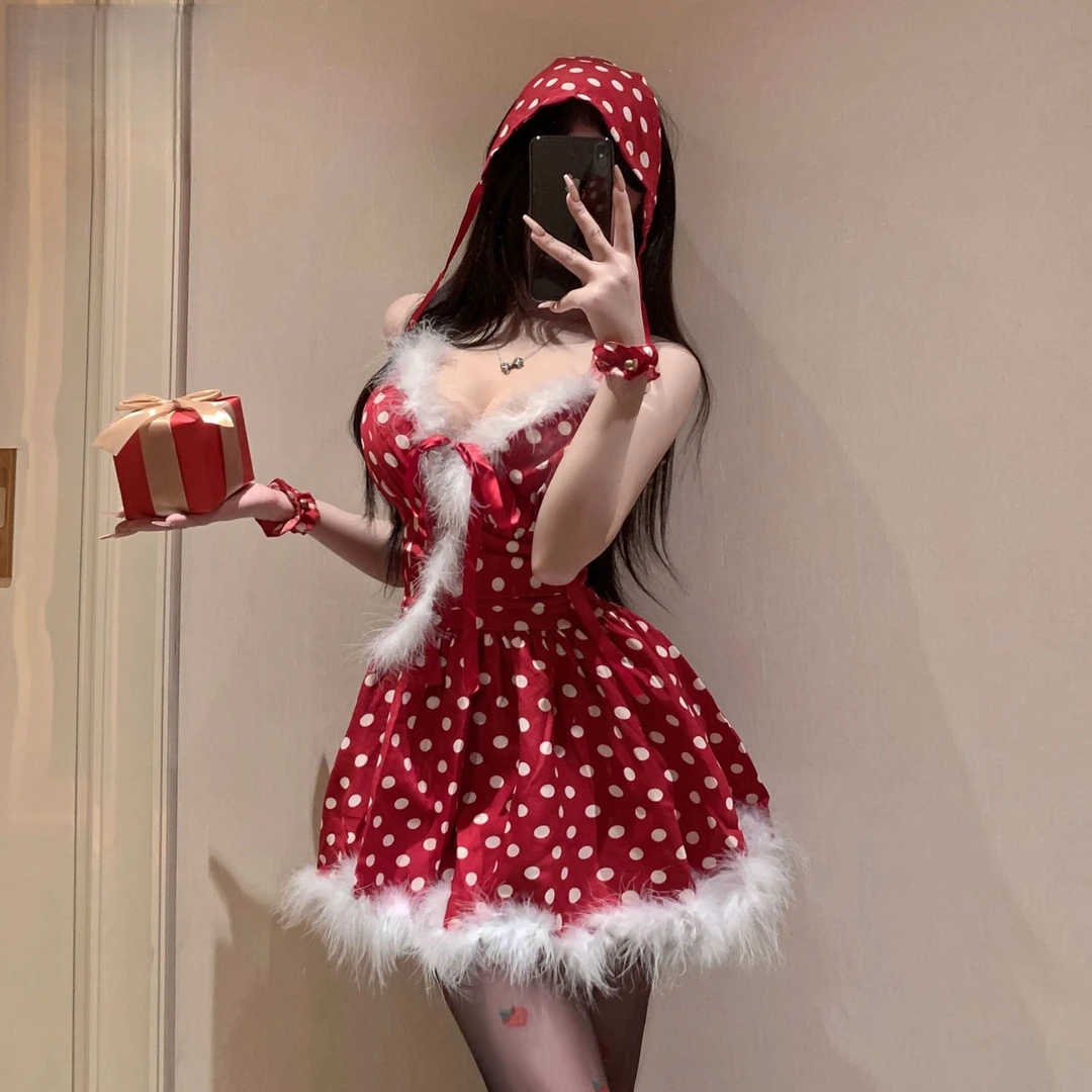 Racooncat圣诞战袍性感抹胸连衣裙高级感红色波点挂脖吊带蓬蓬裙