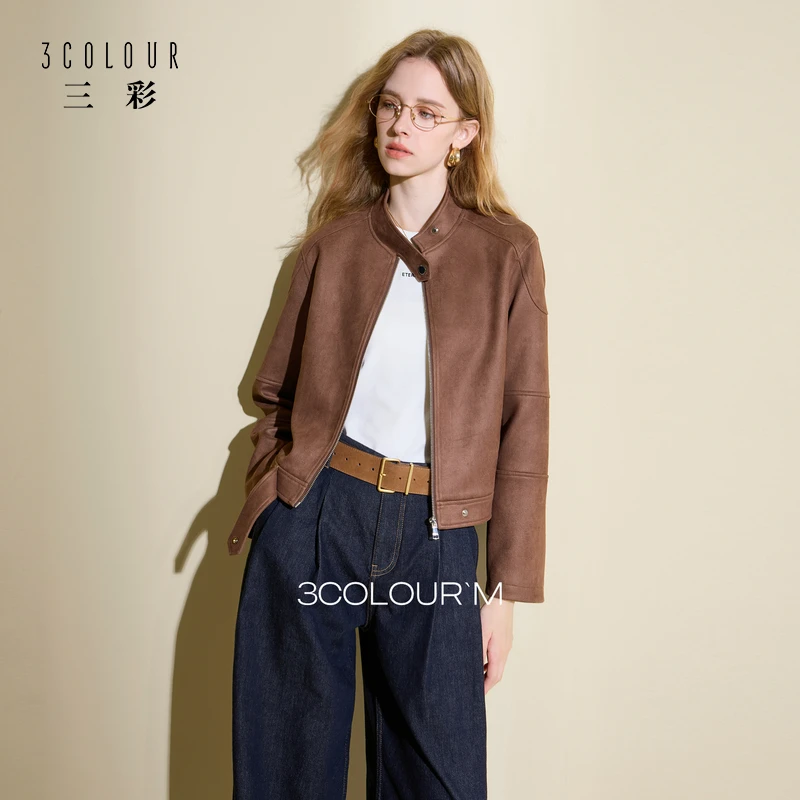 三彩2025秋季新款复古仿麂皮廓形外套立领长袖宽松短款开衫M