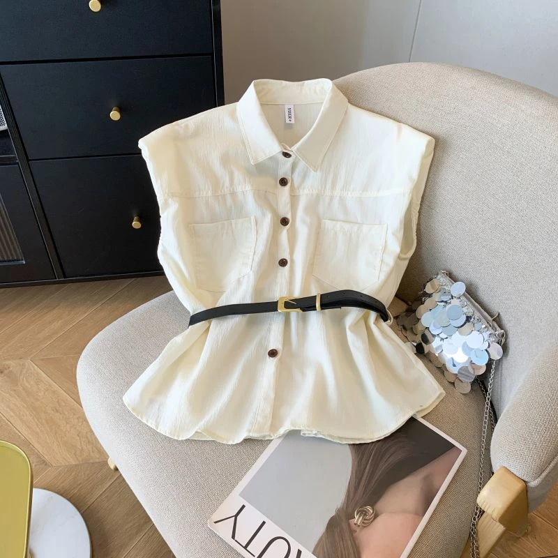 韩系POLO领小衫女夏款chic上衣白色小香风无袖衬衫短裤洋气衣服女