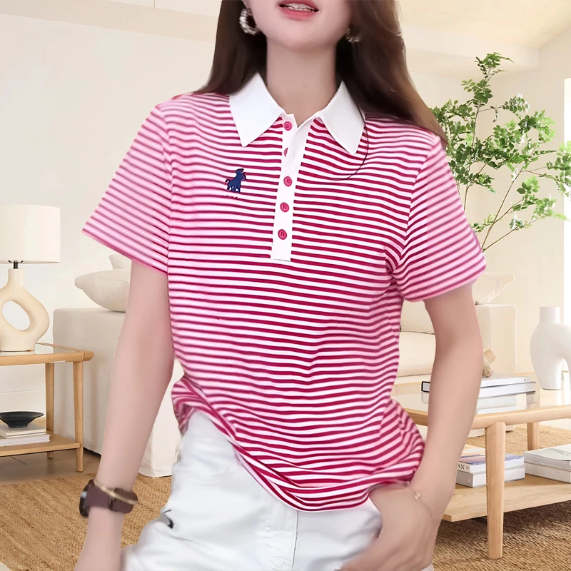 设计感翻领条纹上衣短袖ins夏季新款流行小众女装撞色拼接t恤女款