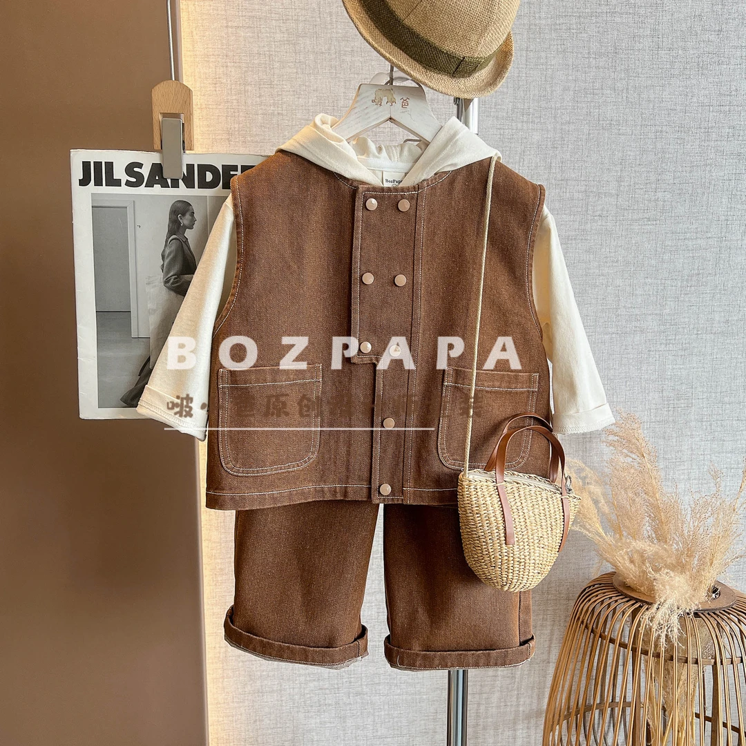 啵小爸【枫叶糖】2025春季男童韩系休闲双排扣设计感马甲三件套