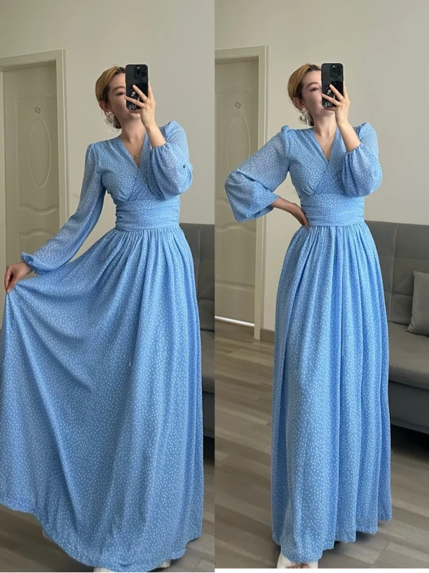 春夏蓝色雪纺收腰连衣裙精致轻奢法式温柔度假风