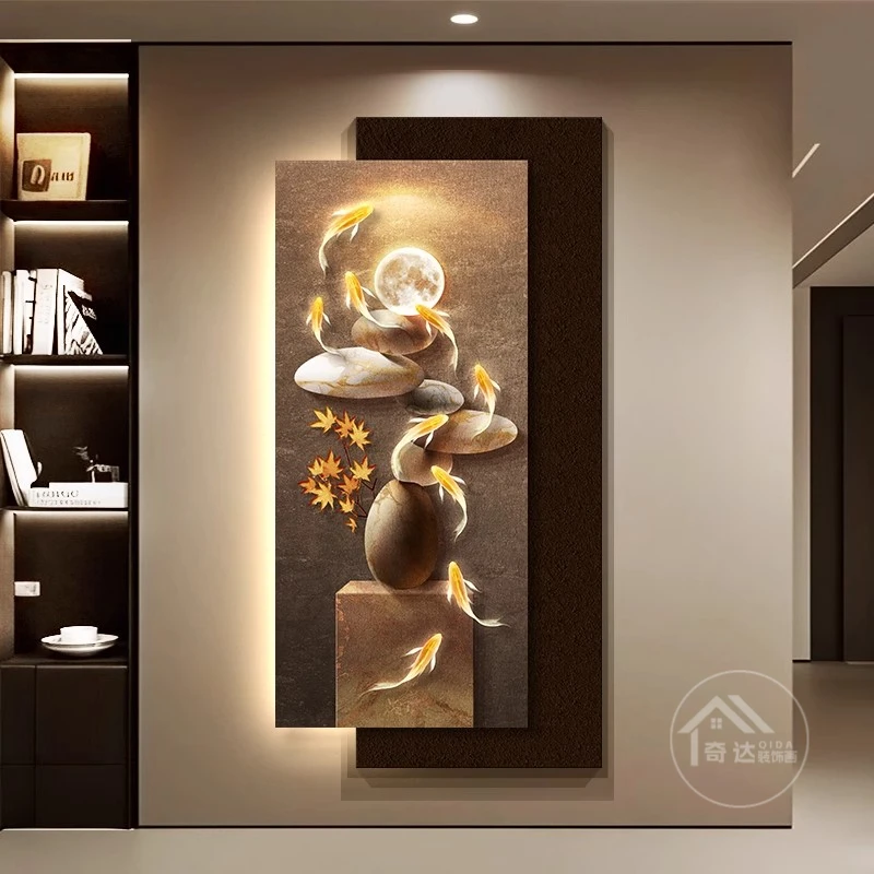 《石运九鱼》轻奢玄关装饰画2025新款入户正对门带灯光壁画过道挂画