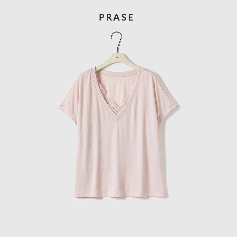 PRASE·杨杨【月见花阴】微胖轻奢设计夏女天丝棉V领蕾丝T恤PR505E37