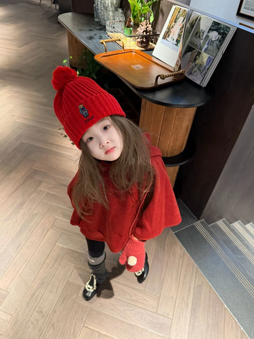 女童冬季新款韩版圣诞新年红色呢子背心裙精灵帽披风外套套装