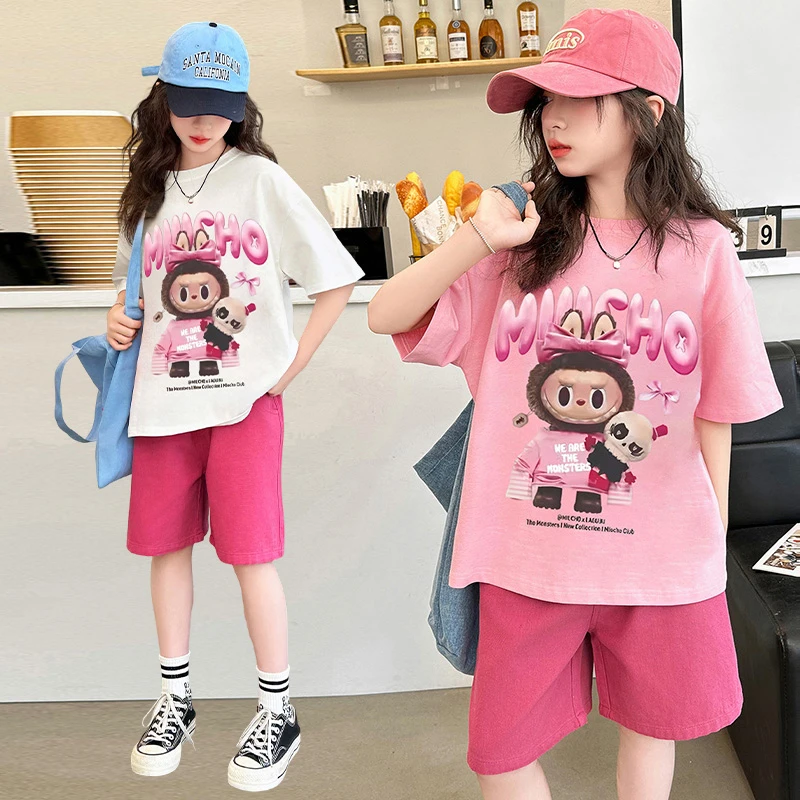 女童夏季韩版宽松卡通短袖T恤火龙果棉布五分裤中大童女孩