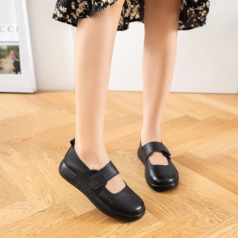 手工真皮单鞋复古浅口平底休闲鞋2025春秋款民族风魔术贴厚底女鞋