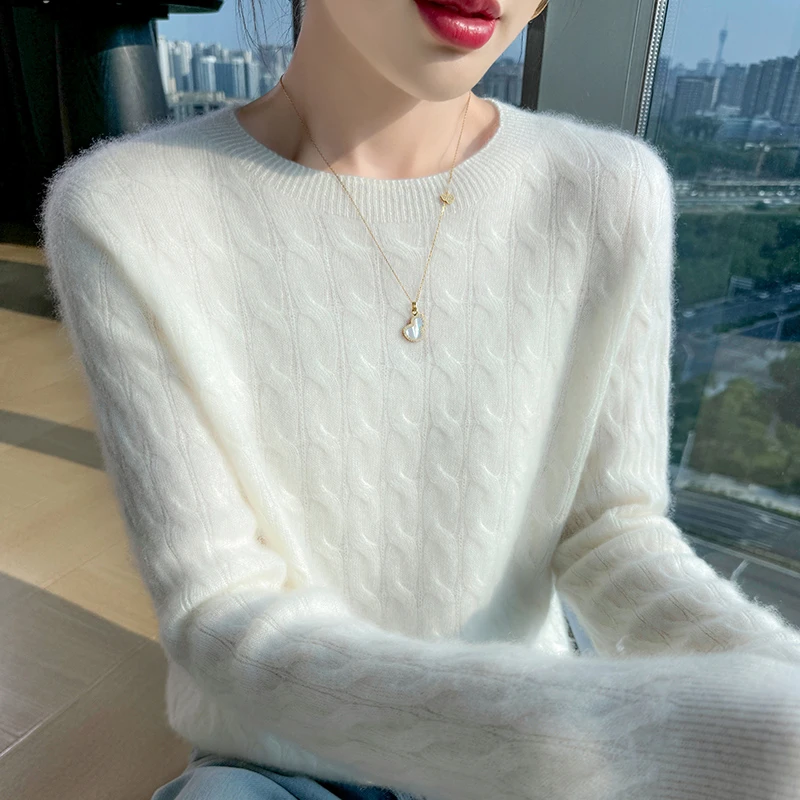 100%羊毛衫女春秋新款百搭绵羊毛针织打底衫圆领修身长袖麻花毛衣