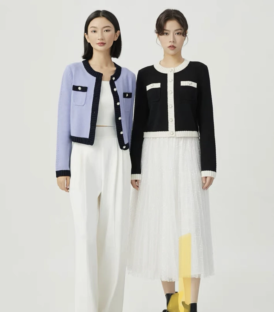 简约小香风长袖短款纯羊毛拼色开衫A400891