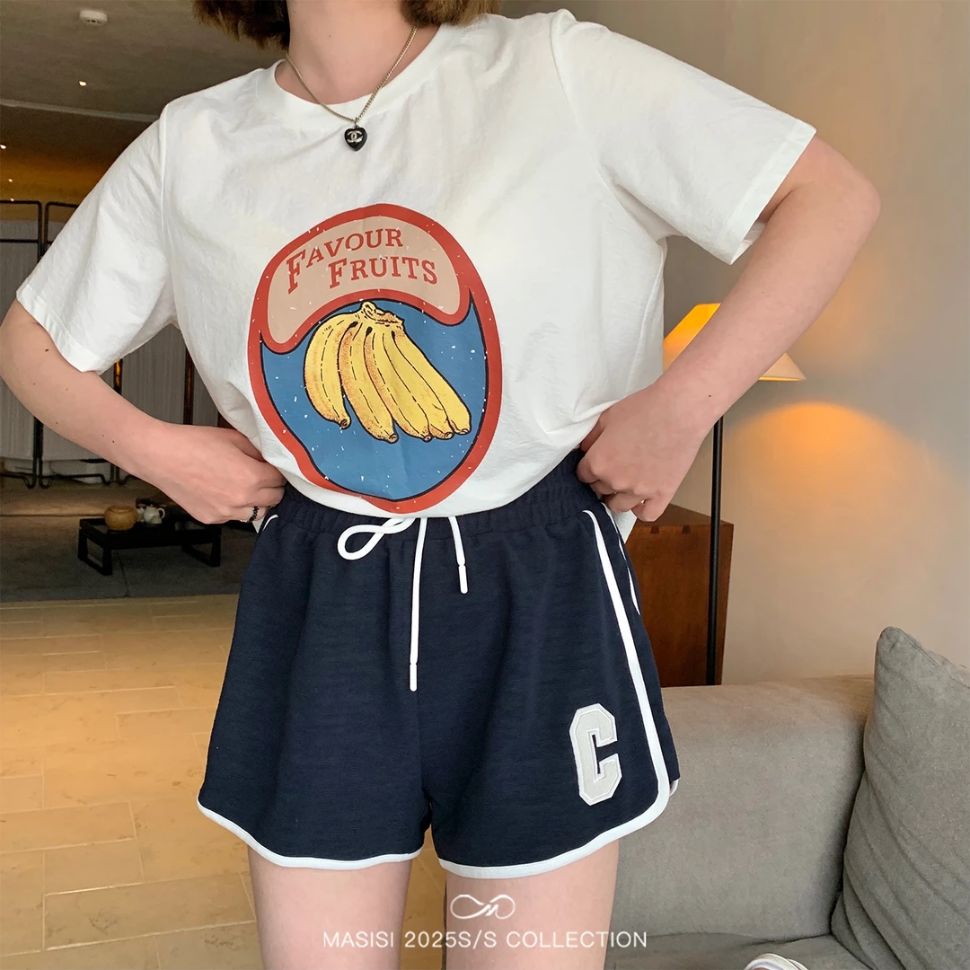 马西西大码女装运动风撞色休闲短裤夏季胖mm高腰遮肉显瘦百搭裤子