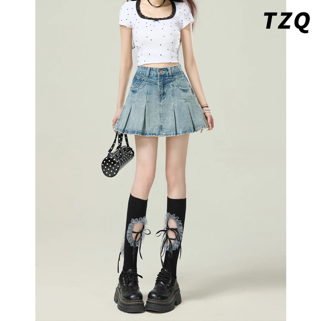 浅蓝色牛仔短裙女设计感2025夏季A字高腰显瘦包臀裙子TZQ2532815