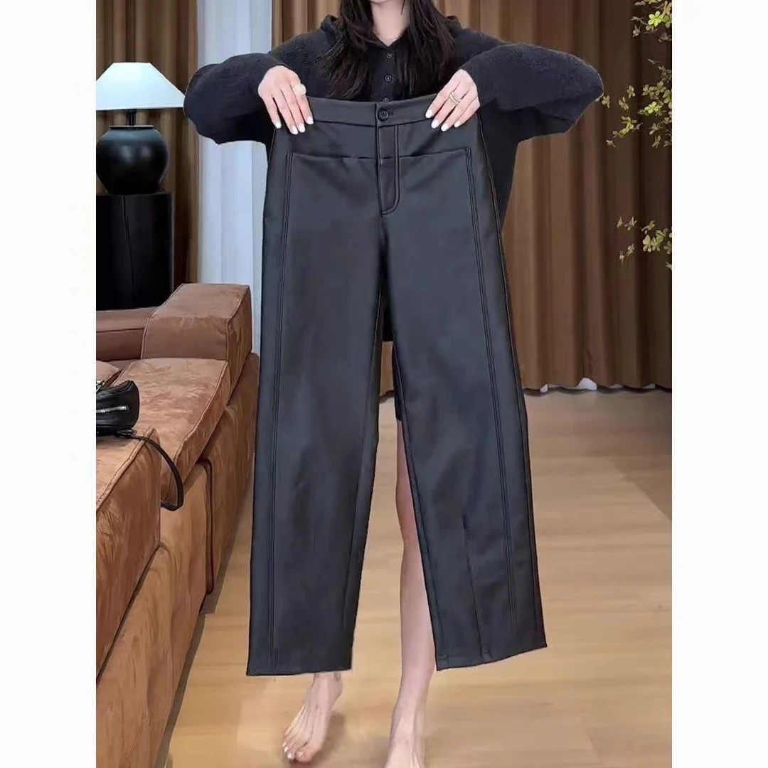 D25 122910【有划痕微残无售后】加绒加厚直筒裤女新款皮裤