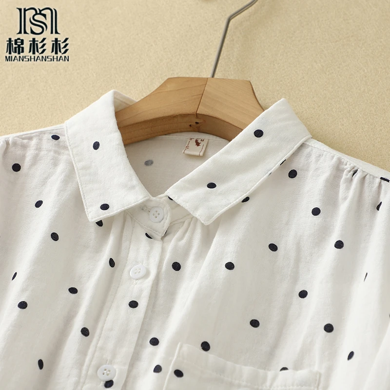 纯棉尖领双层棉纱打底长袖圆点波点衬衫上衣女白色纯棉条纹衬衣