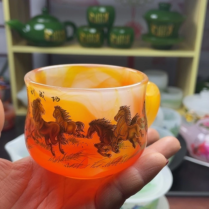 琉璃手工艺品玉瓷琉璃茶杯咖啡杯马到成功带手柄