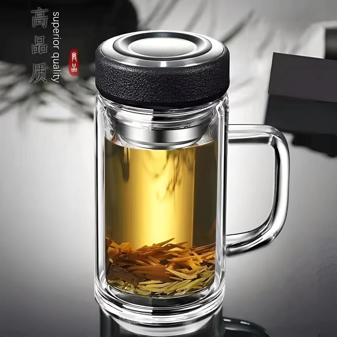 拼双层玻璃杯带把手办公室泡茶杯茶水分离商务水杯大容量男士茶杯