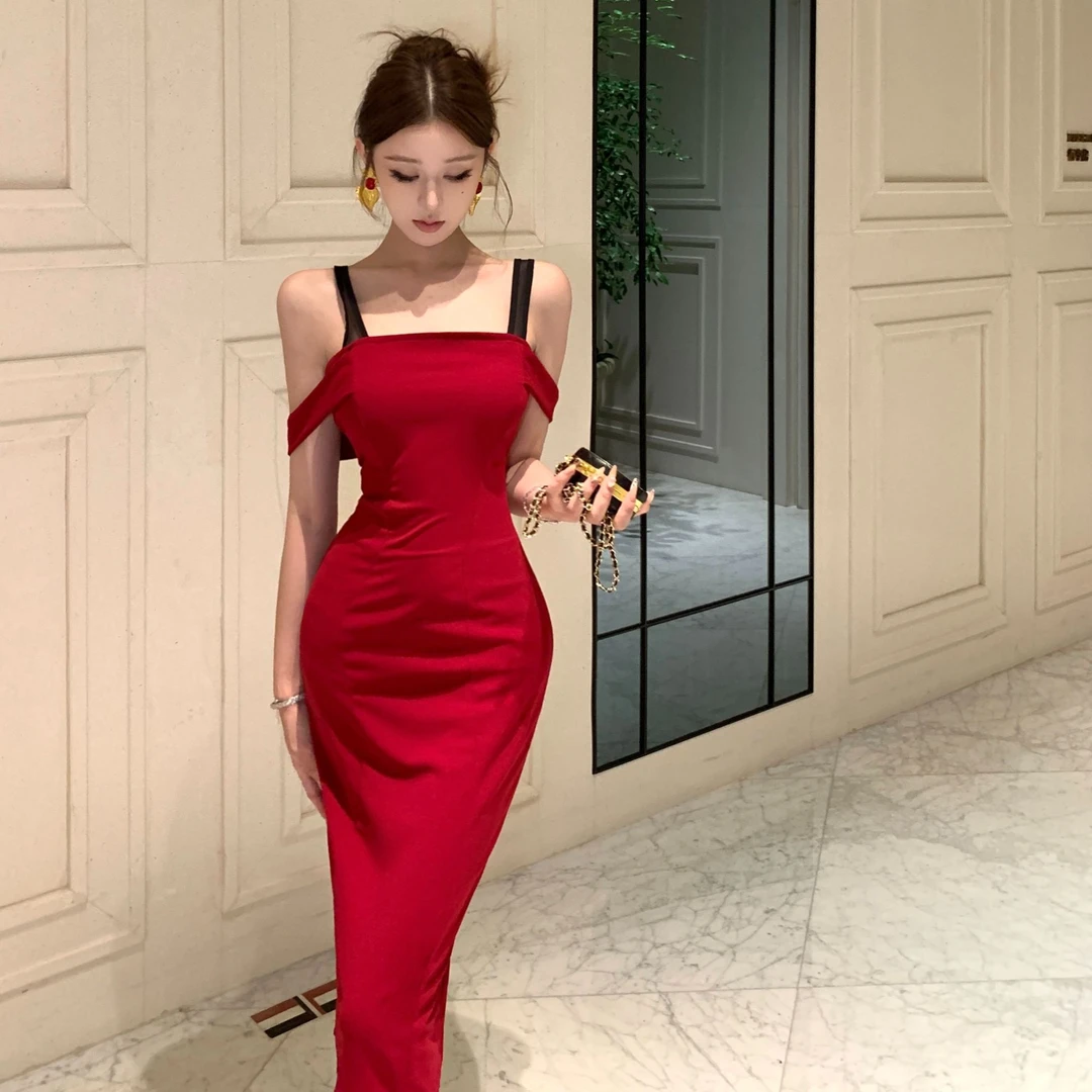 法式复古红色千金感一字肩连衣裙女御姐高级感内搭收腰包臀礼服裙