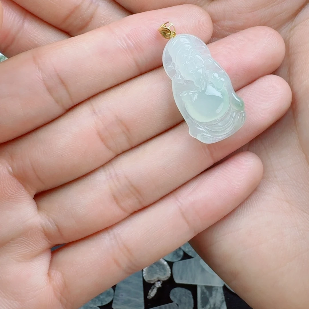 颈饰18K金镶嵌翡翠?****?天然缅甸A货翡翠财神