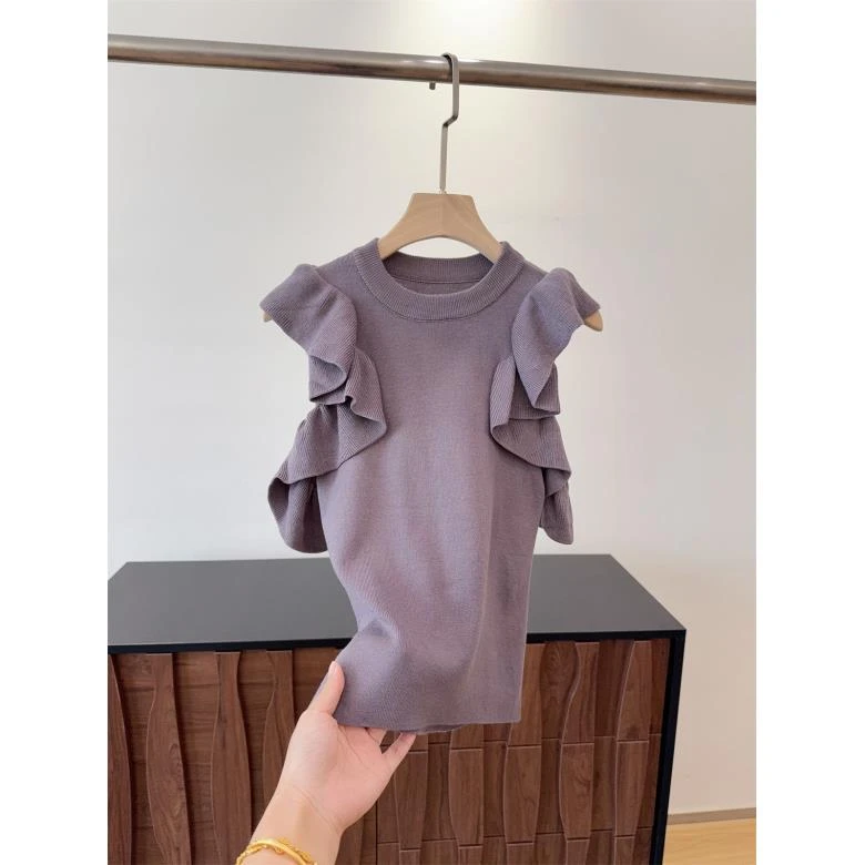 甜美减龄感荷叶边袖夏季显瘦百搭弹力飞飞袖针织