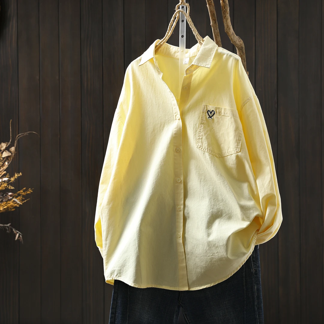 衬衣女款2025新款爆款秋爱心刺绣黄色纯棉单口袋气质宽松长袖衬衫