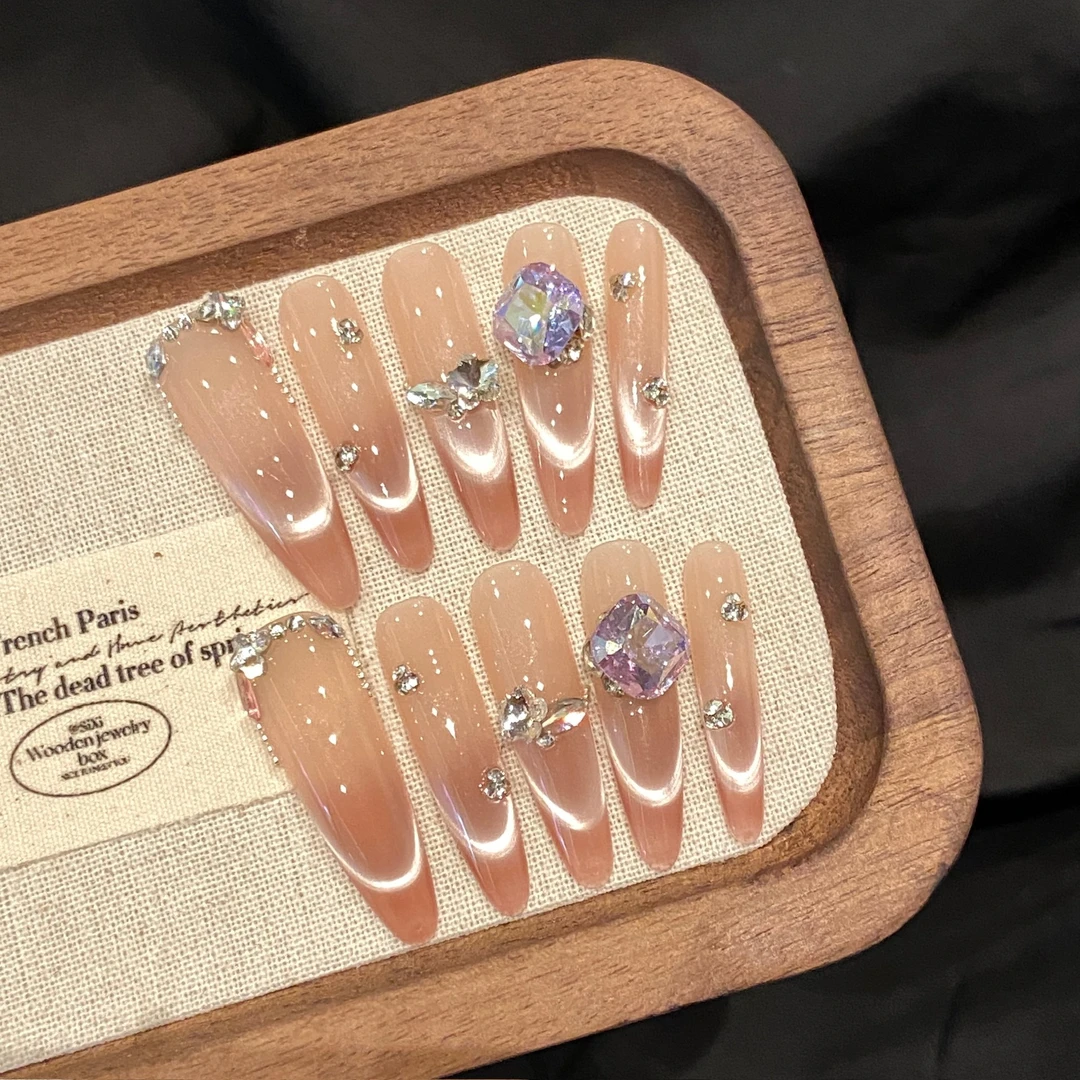 【灵动可人】2625微笑猫眼裸色渐变爆闪清冷美甲高级感手工穿戴甲