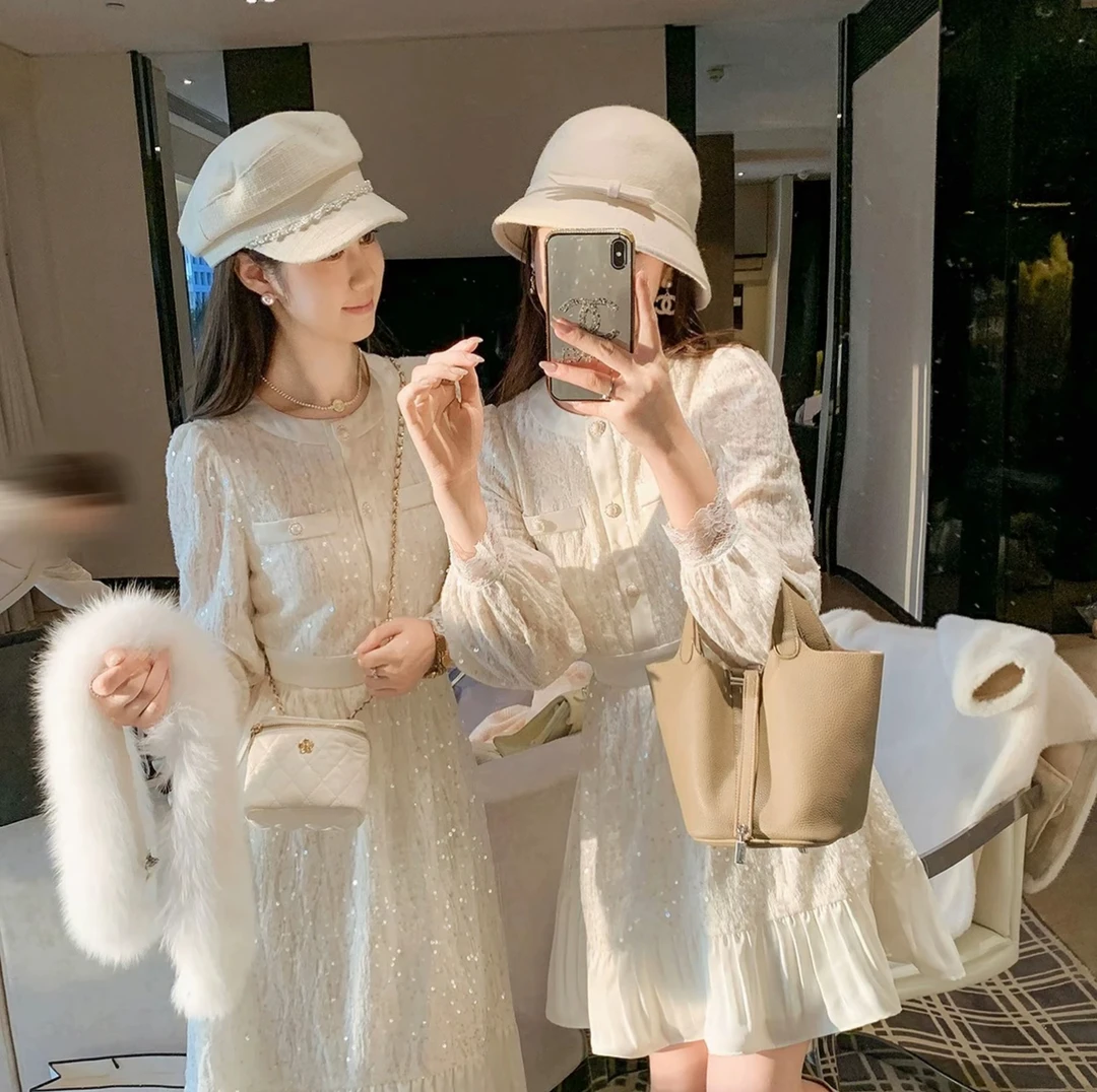 5662高腰拼接女装网红法式小香风显瘦连衣裙设计感蕾丝收腰裙
