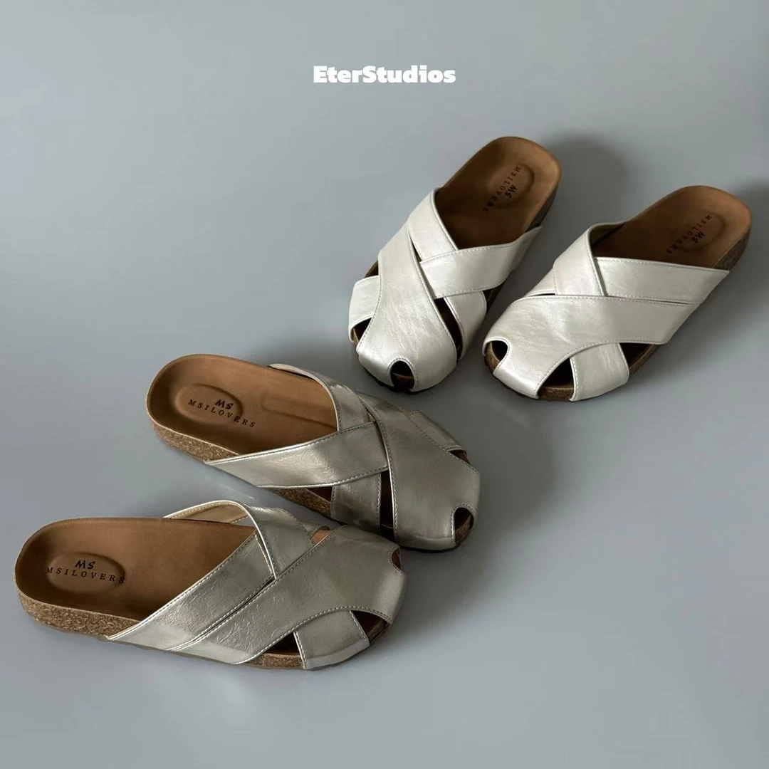 Es家超火韩版包头勃肯半拖鞋夏季外穿新款软底编织拖鞋