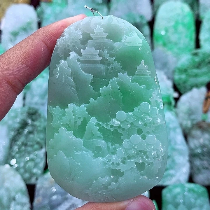 天然A货翡翠山水牌