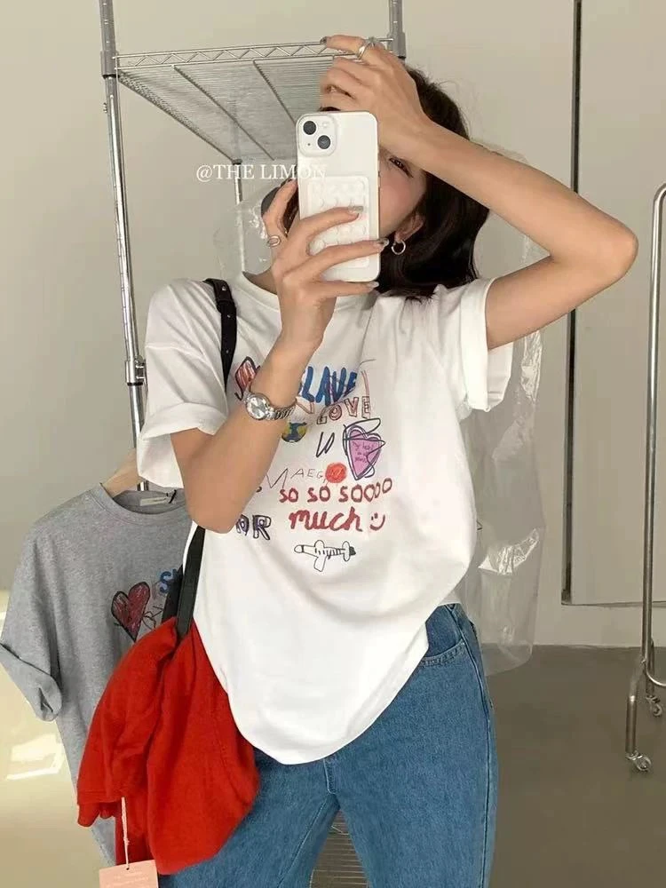韩国egg 圆领短袖印花宽松型常规心形T恤高腰百搭风白色纯棉夏季