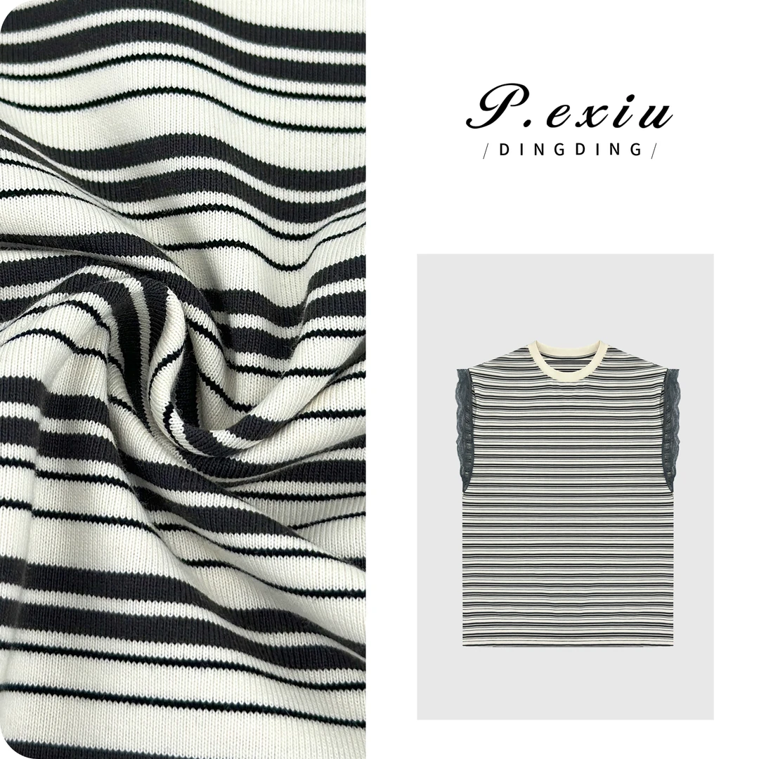 时髦精撞色拼接蕾丝条纹花边小飞袖T恤 SH3099