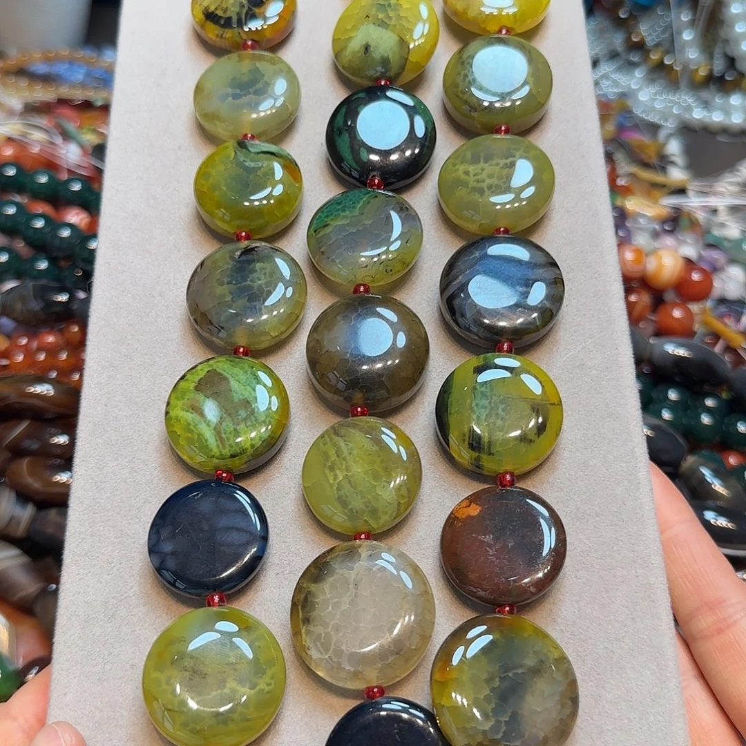 玛瑙/玉髓合金珠宝半成品龙鳞玛瑙大圆饼一条28mm