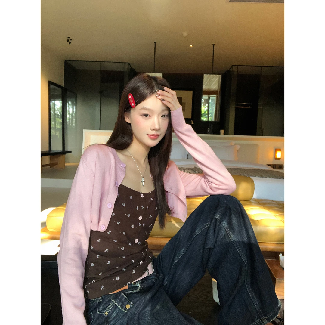 【HRG】韩系甜辣短款百搭时尚修身简约粉色针织衫DJ2110