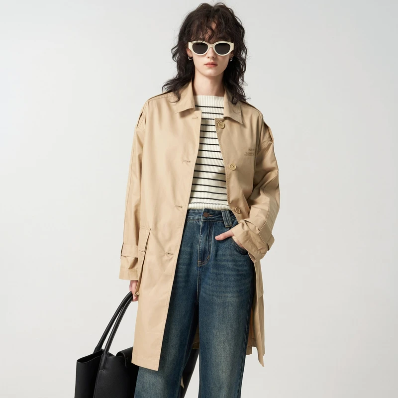U/TI 长款带腰带卡其色风衣休闲时尚百搭收腰韩版秋季气质款风衣