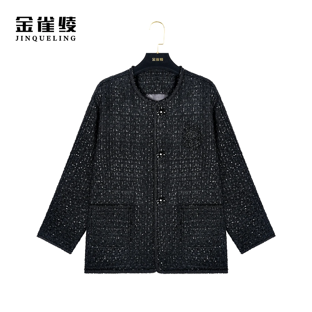 金雀绫【黑金山茶花】春秋新款设计师轻奢小香风外套BT7013