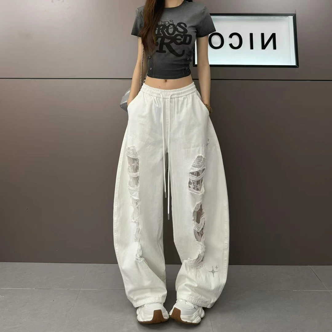 美式街头复古拼接镂空蕾丝个性破洞设计时尚显瘦休闲裤