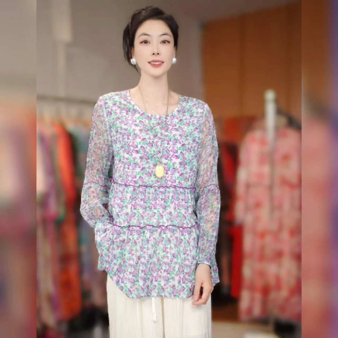 【多米拉】00726-3紫雾花漾宽松型薄款衬衫气质碎花上衣小衫