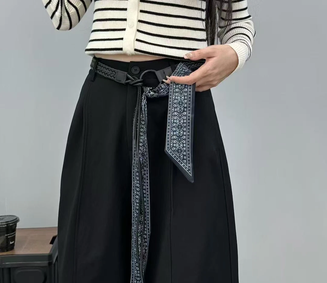 秋季新款高腰显瘦洋气百搭女款丝巾腰带阔腿休闲长裤