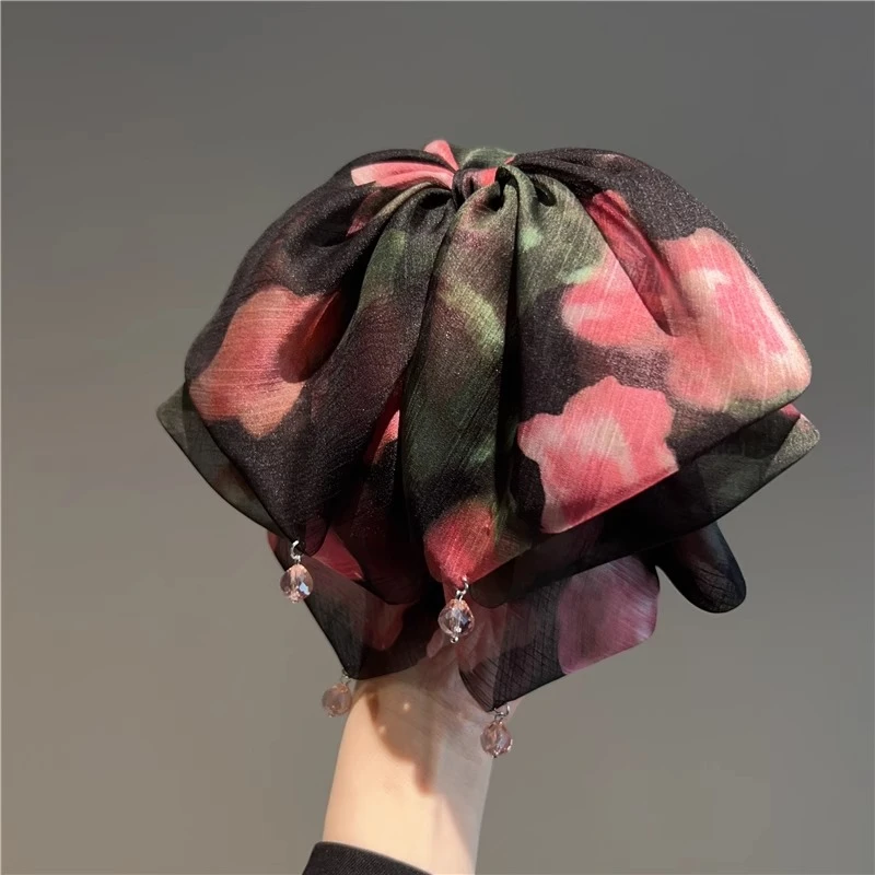 2025新款高级感复古网纱印花优雅气质蝴蝶结马尾抓夹女发夹头饰