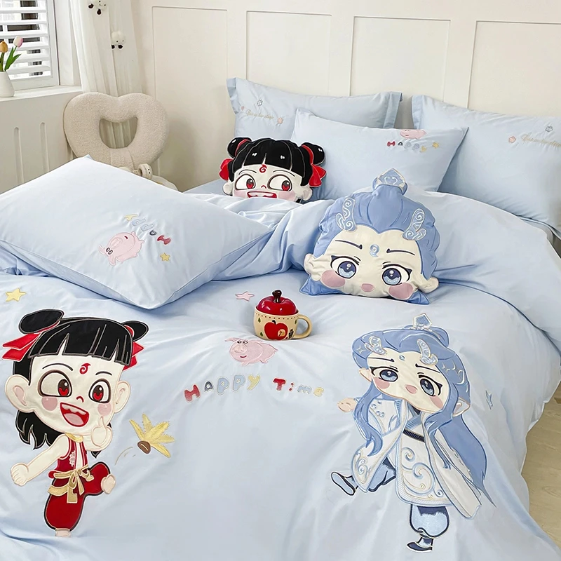 全棉卡通哪吒敖丙100%纯棉三四件套2新款贴布绣床单被套床上用品3