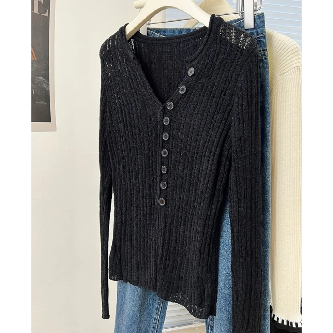 【苏兰文】V领长袖针织衫女新款修身显瘦T恤性感镂空开叉上衣服9009