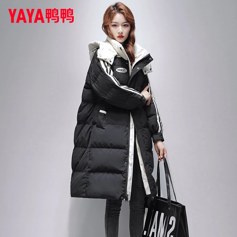 YAYA/鸭鸭加厚长款羽绒服女2024冬季新款撞色东北极寒鸭绒外套